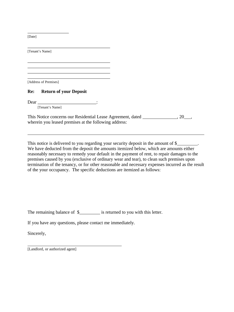 Letter from Landlord to Tenant Returning Security Deposit Less Deductions Georgia  Form