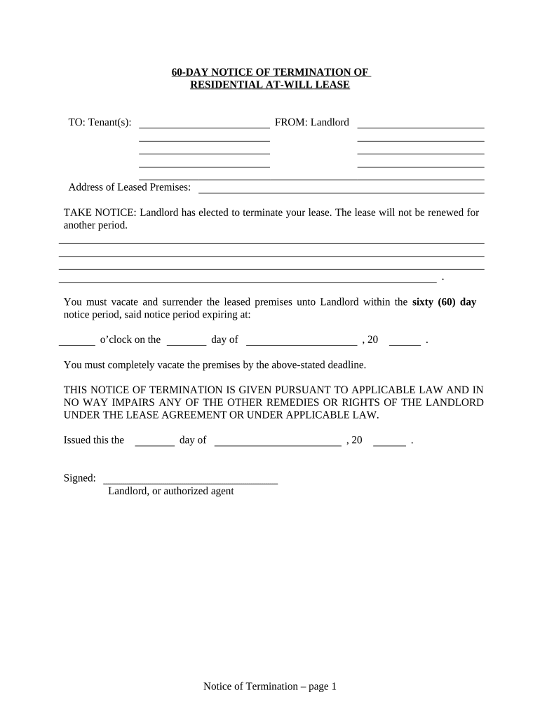 60 Day Notice to Terminate at Will Lease from Landlord to Tenant Georgia  Form