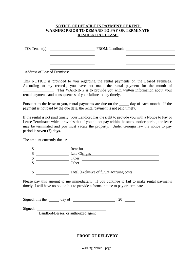 Notice of Default in Payment of Rent as Warning Prior to Demand to Pay or Terminate for Residential Property Georgia  Form