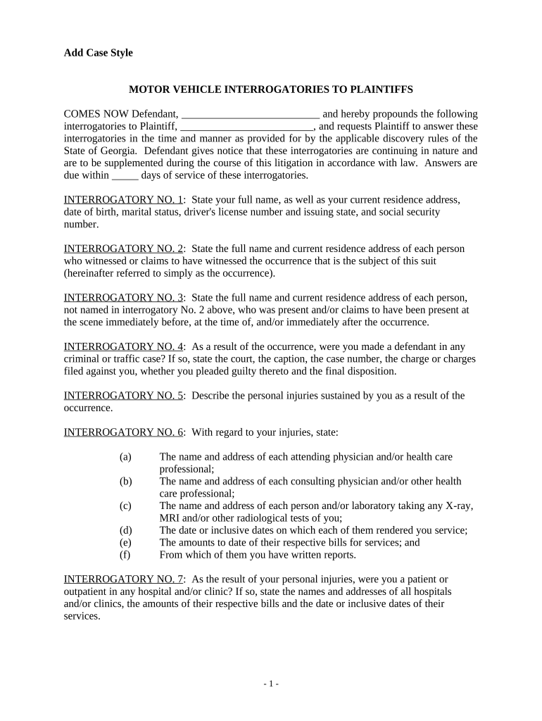 Interrogatories to Plaintiff for Motor Vehicle Occurrence Georgia Form