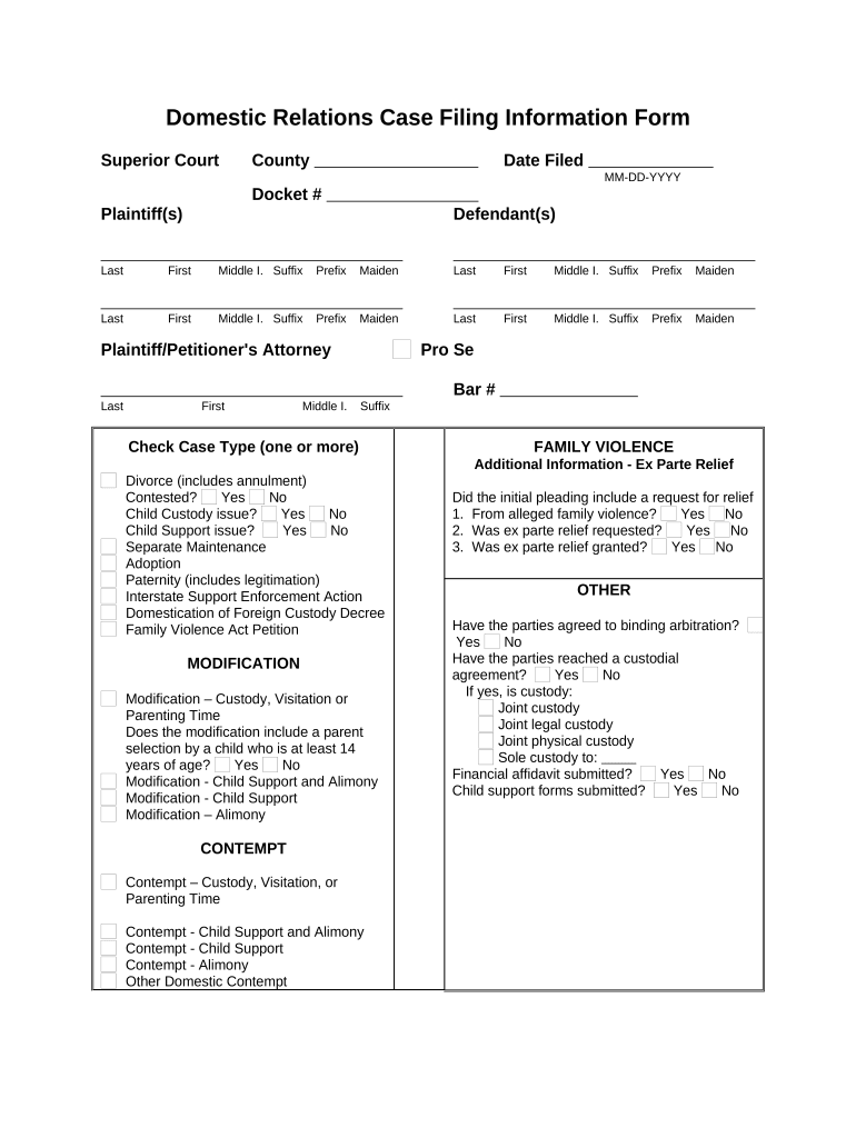 Domestic Relations Filing Information Form