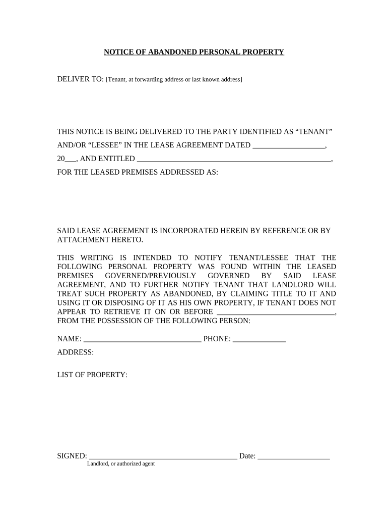 Letter from Landlord to Tenant as Notice of Abandoned Personal Property Georgia  Form