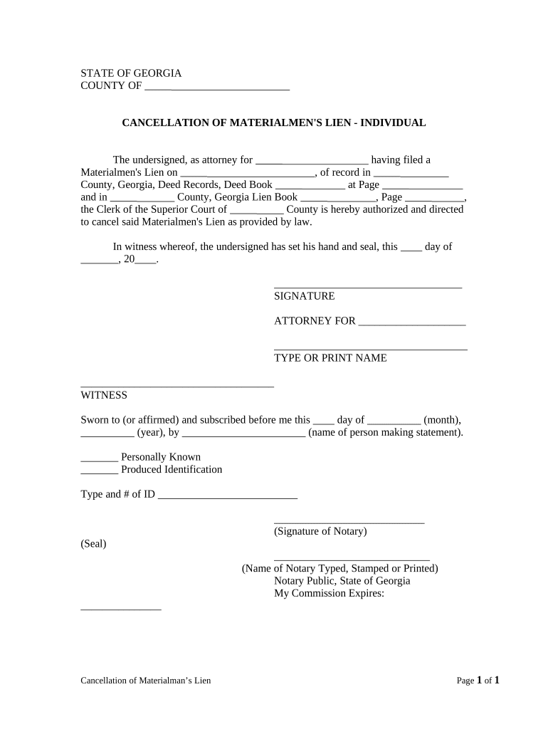 Cancellation of Materialman's Lien Individual Georgia  Form