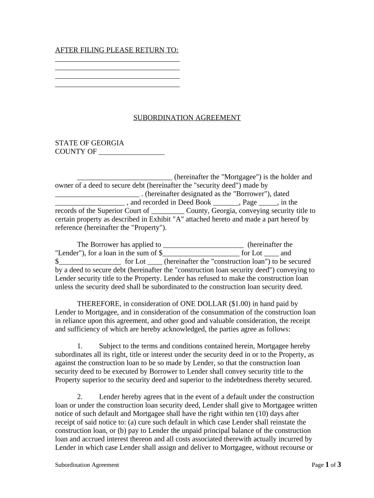 Subordination Agreement of Mortgage Georgia  Form