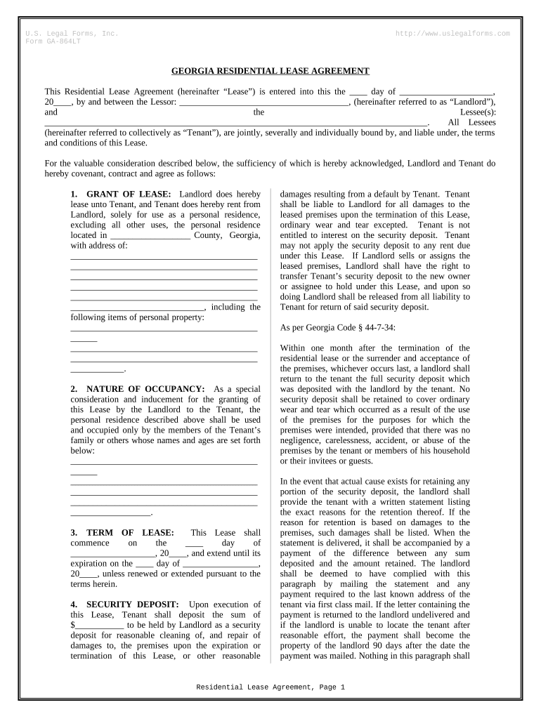 Fill and Sign the Residential Rental Lease Agreement Georgia Form