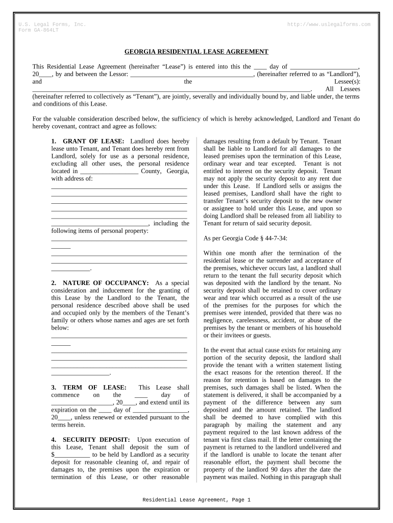 Residential Rental Lease Agreement Georgia  Form