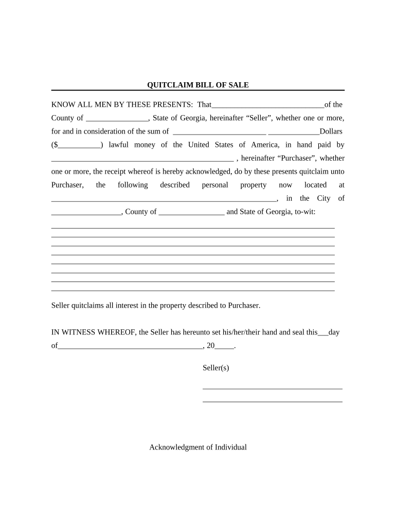 Bill of Sale Without Warranty by Individual Seller Georgia  Form