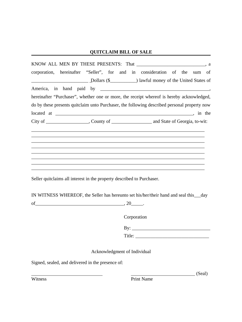Bill of Sale Without Warranty by Corporate Seller Georgia  Form