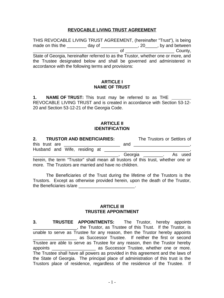 Living Trust for Husband and Wife with No Children Georgia  Form