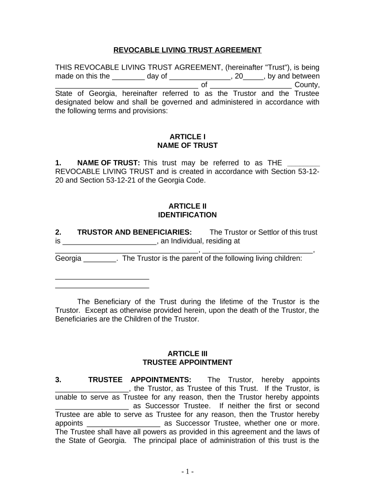 Living Trust for Individual, Who is Single, Divorced or Widow or Widower with Children Georgia  Form