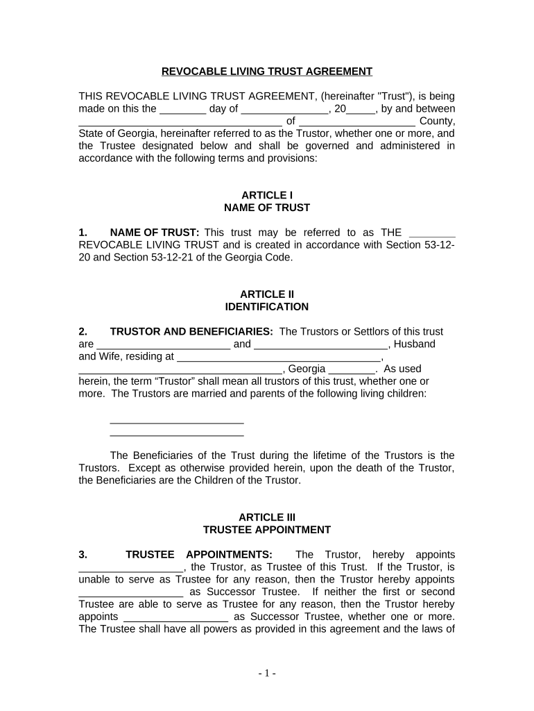 Living Trust for Husband and Wife with Minor and or Adult Children Georgia  Form