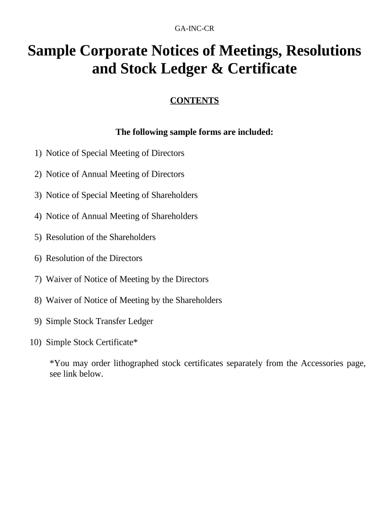 Notices, Resolutions, Simple Stock Ledger and Certificate Georgia  Form