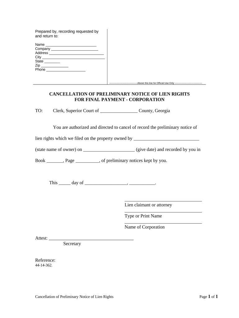 Cancellation of Preliminary Lien Notice for Final Payment Sect 44 14 362 Corporation or LLC Georgia  Form