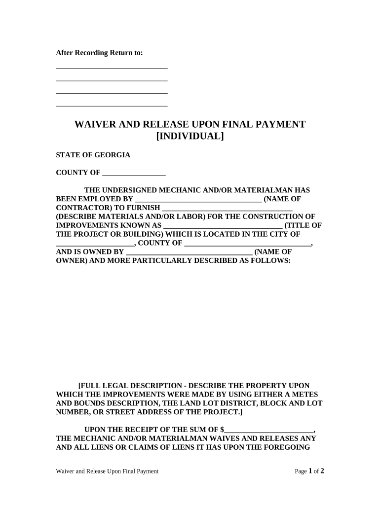Unconditional Waiver and Release Upon Final Payment Sect 44 14 366 Individual Georgia  Form