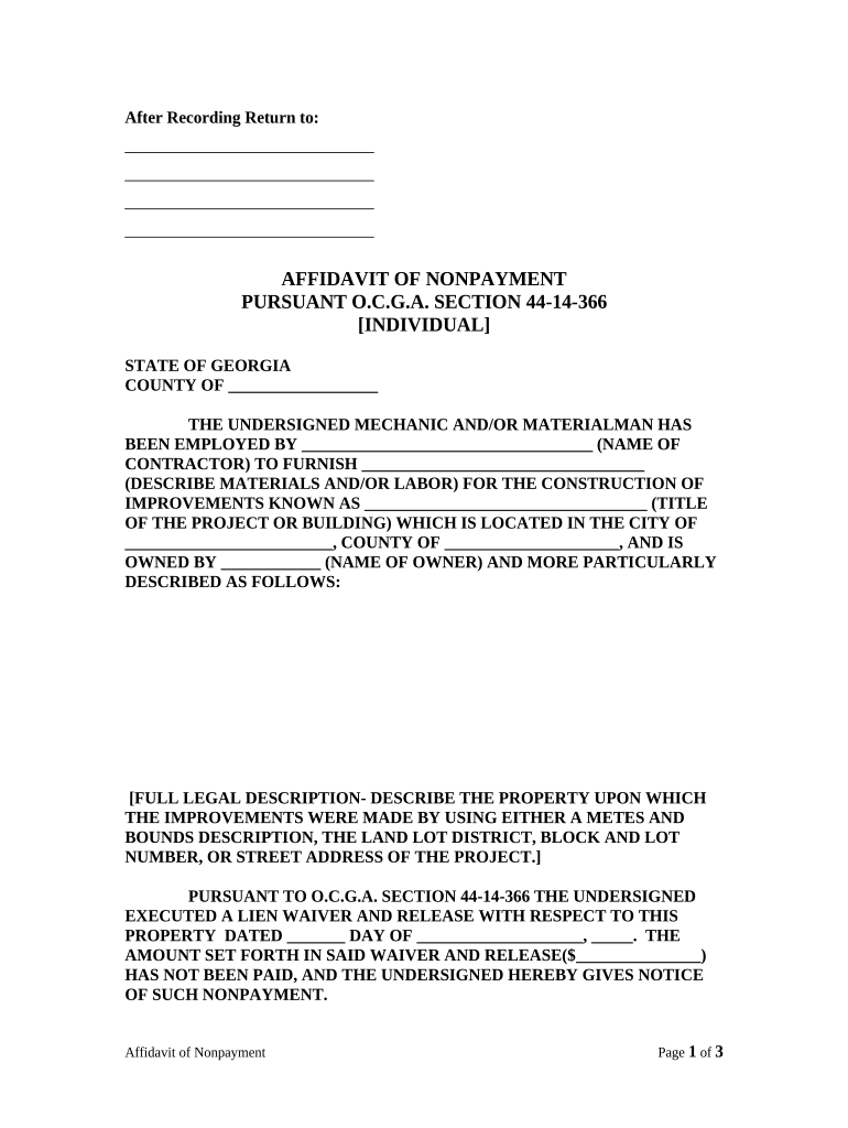 Georgia Affidavit Nonpayment  Form