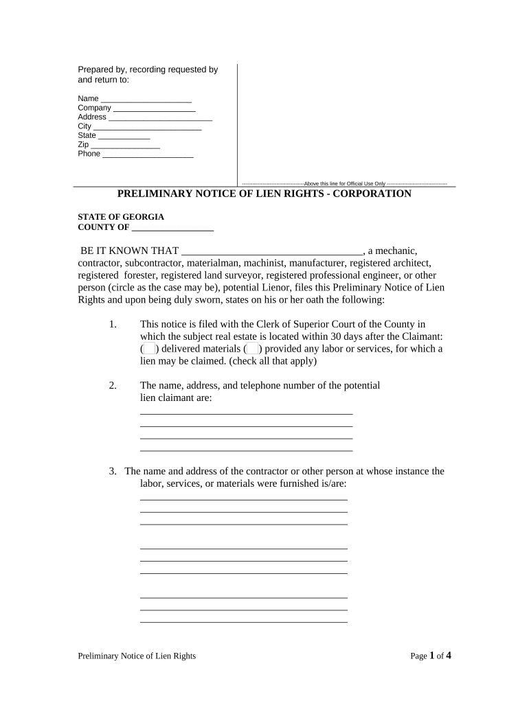 Ga Preliminary Notice Lien  Form