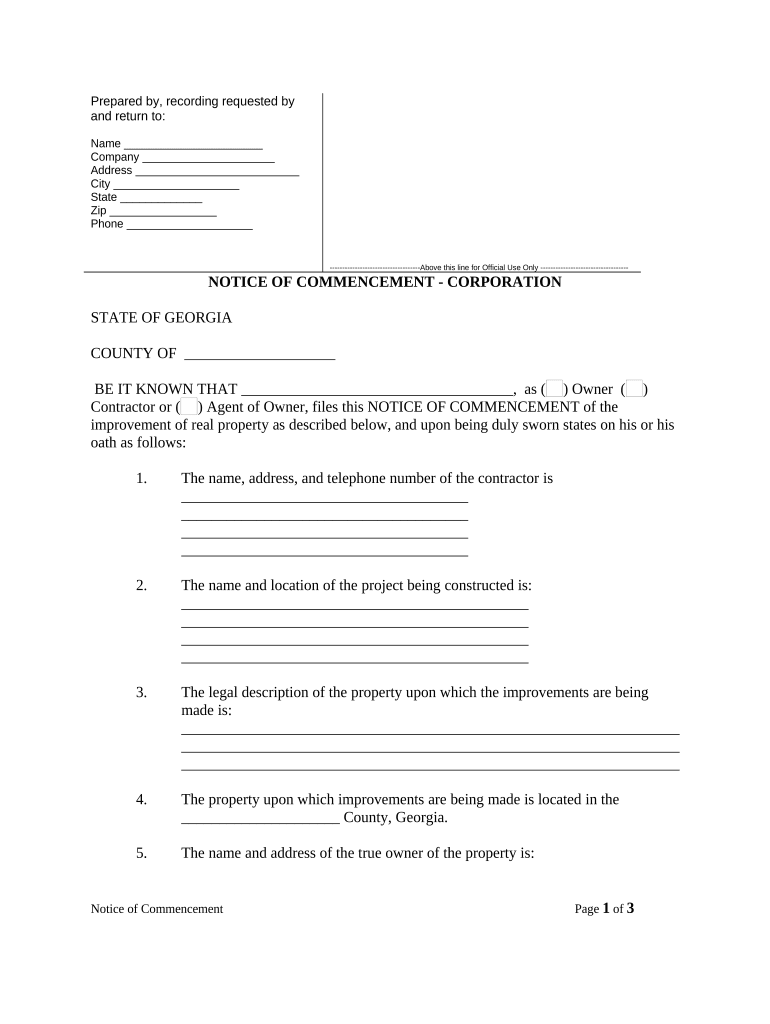 Notice of Commencement of Improvements to Real Property Sect 44 14 361 5 Corporation or LLC Georgia  Form