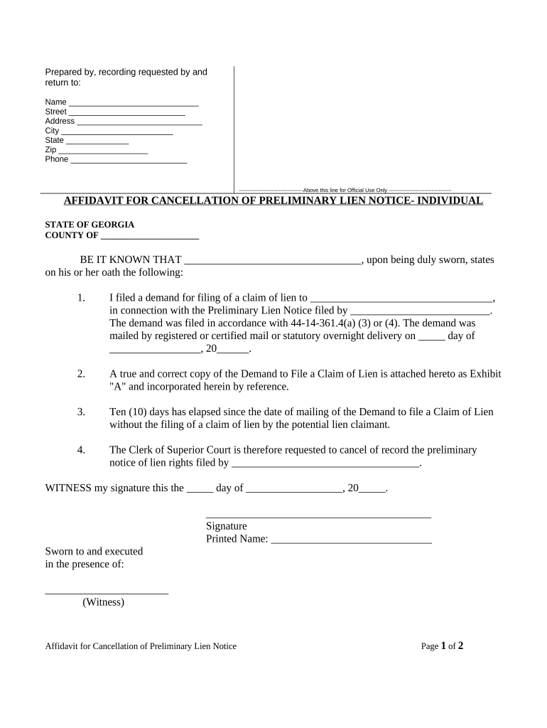 Affidavit in Support of Cancellation of Preliminary Lien After Notice to File Claim of Lien Individual Georgia  Form