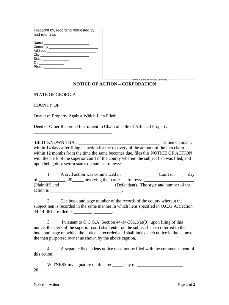 Notice of Action Corporation or LLC Georgia  Form