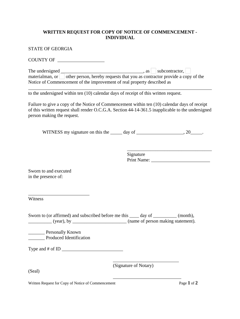 Written Request for Copy of Notice of Commencement Individual Georgia  Form