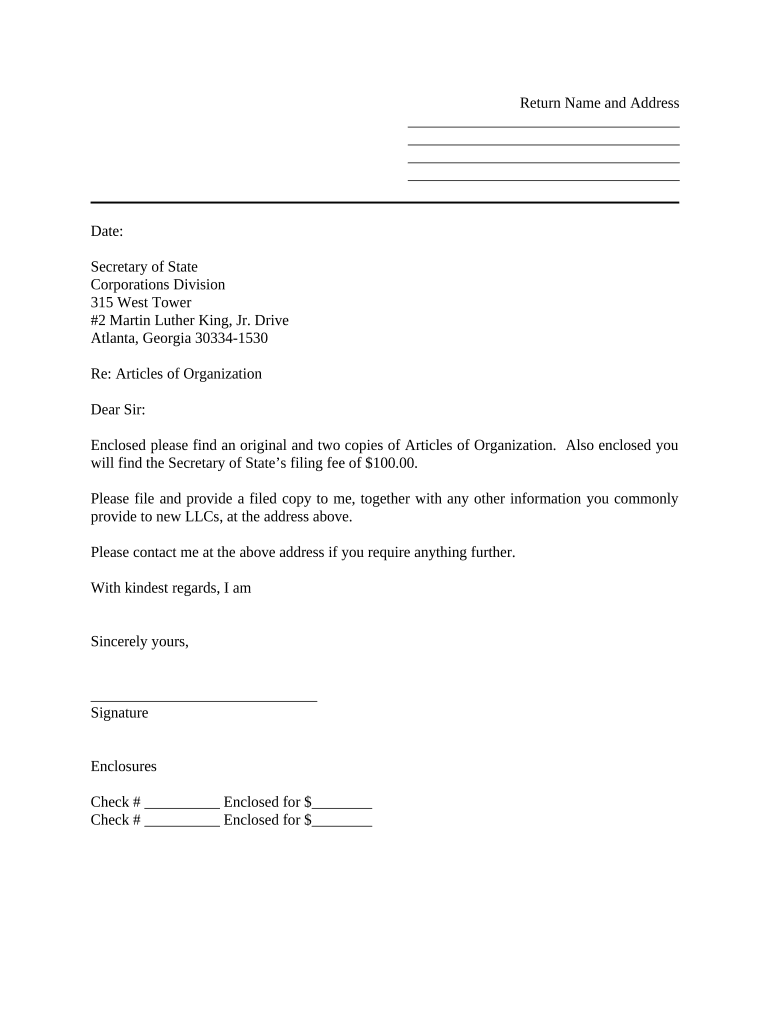 Sample Cover Letter for Filing of LLC Articles or Certificate with Secretary of State Georgia  Form