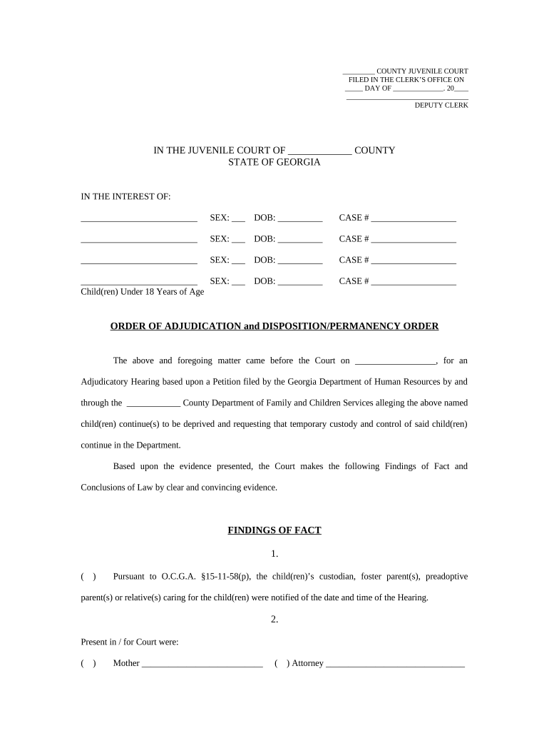 Order of Adjudication and Disposition Permanency Order Georgia  Form