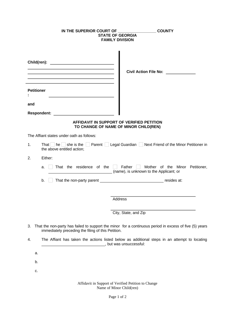 Affidavit for Name Change of Minor Georgia  Form