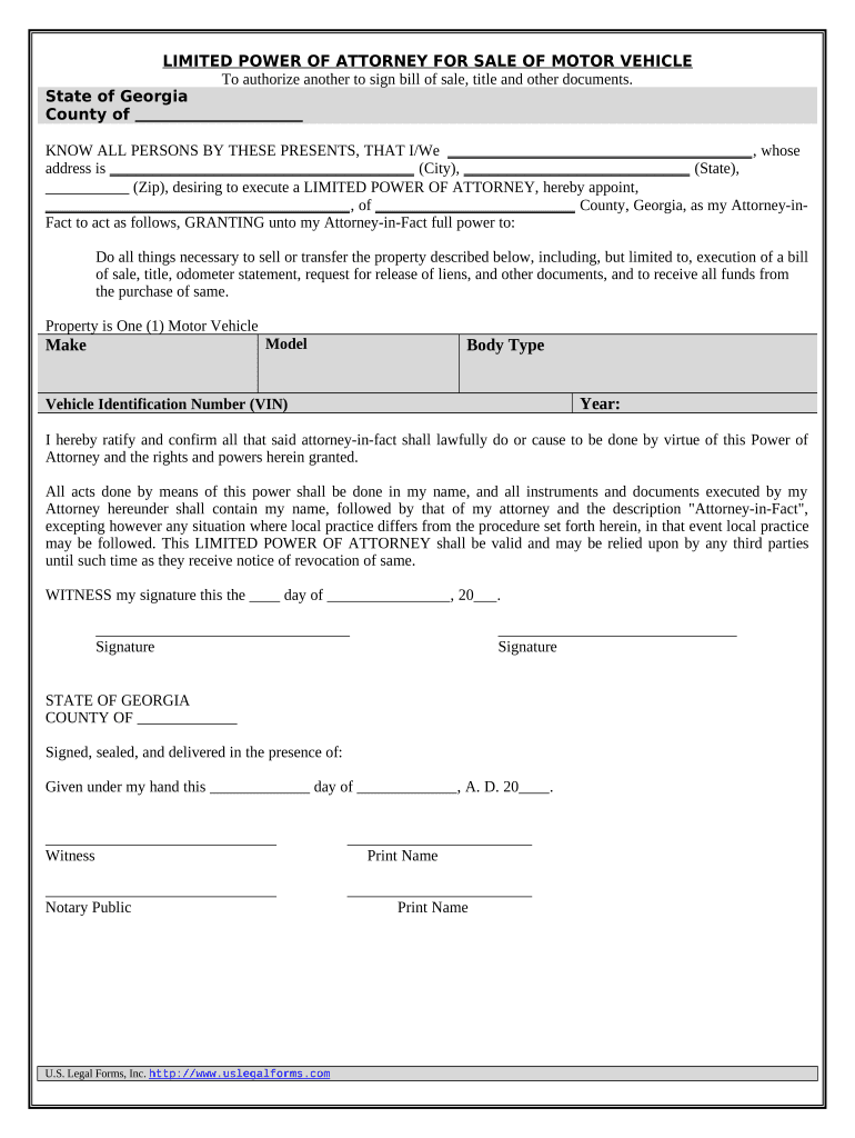 Power of Attorney for Sale of Motor Vehicle Georgia  Form