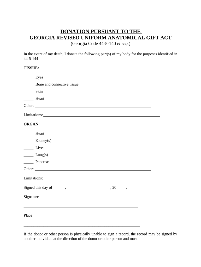 Georgia Anatomical Gift Act  Form