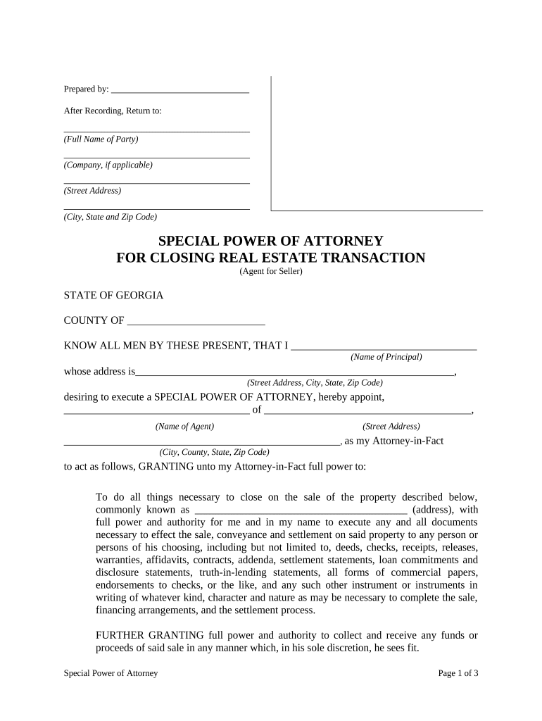 Special or Limited Power of Attorney for Real Estate Sales Transaction by Seller Georgia  Form