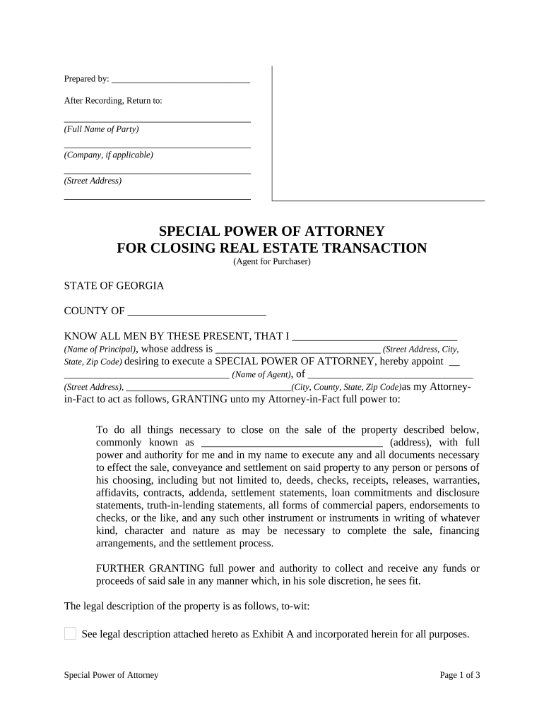 Special or Limited Power of Attorney for Real Estate Purchase Transaction by Purchaser Georgia  Form