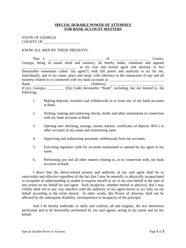 Special Durable Power of Attorney for Bank Account Matters Georgia  Form