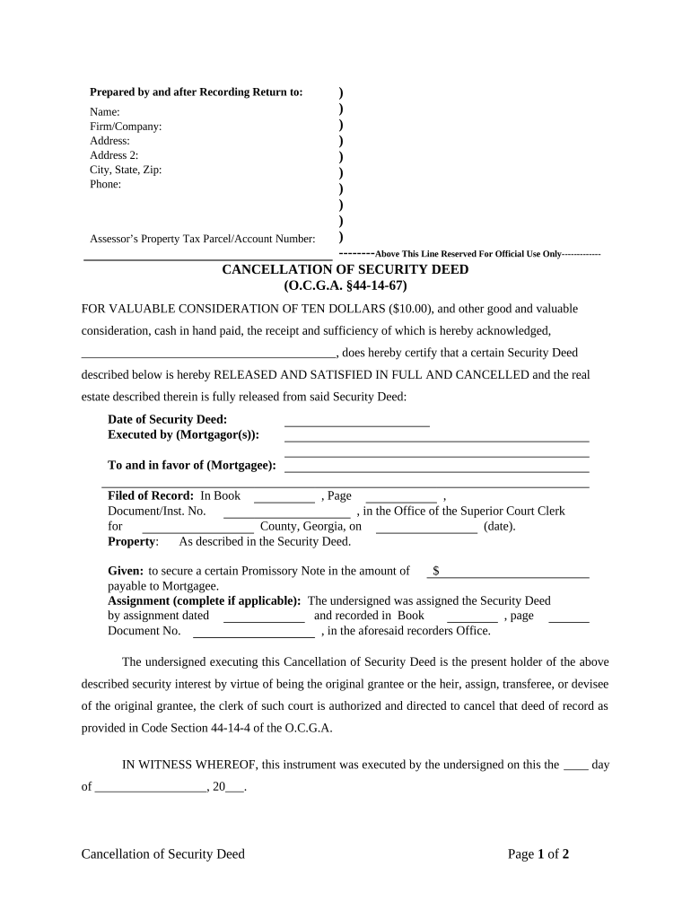 Satisfaction, Release or Cancellation of Security Deed by Individual Georgia  Form