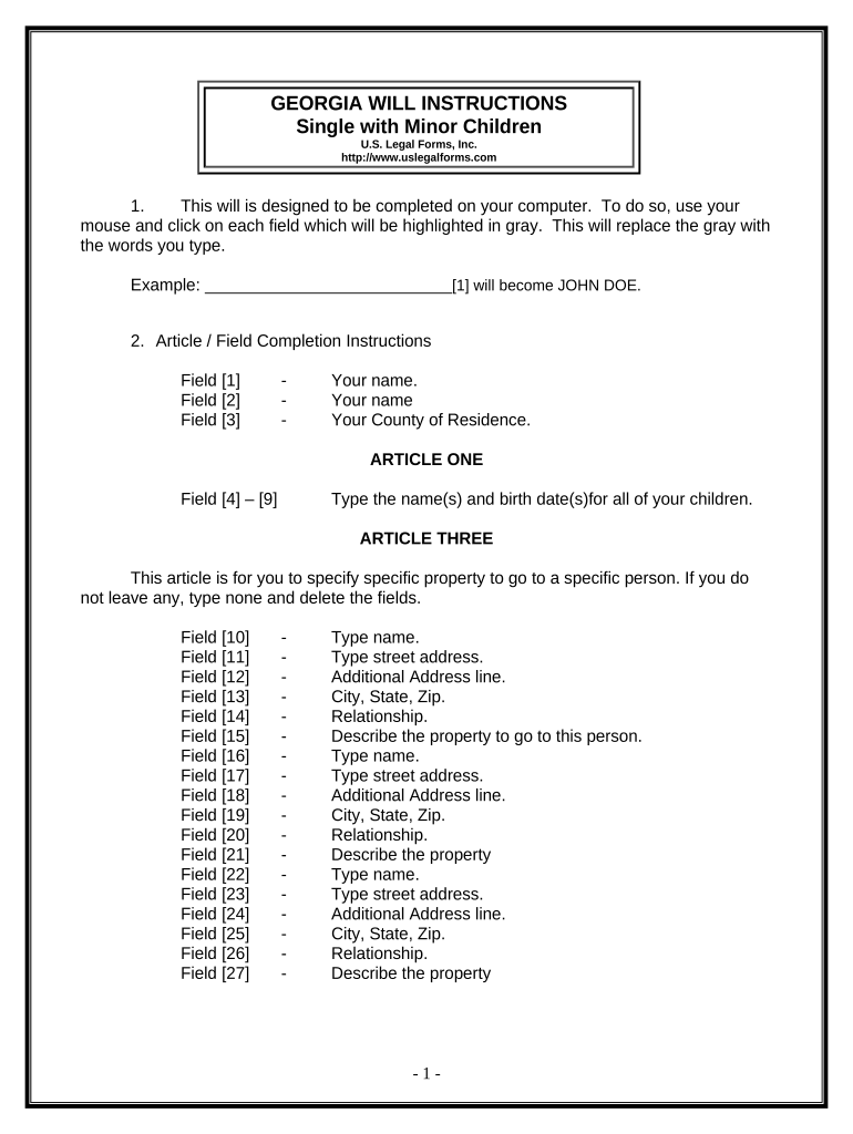 Legal Last Will and Testament Form for a Single Person with Minor Children Georgia