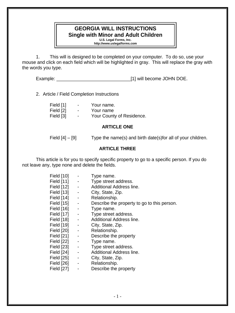 Legal Last Will and Testament Form for Single Person with Adult and Minor Children Georgia