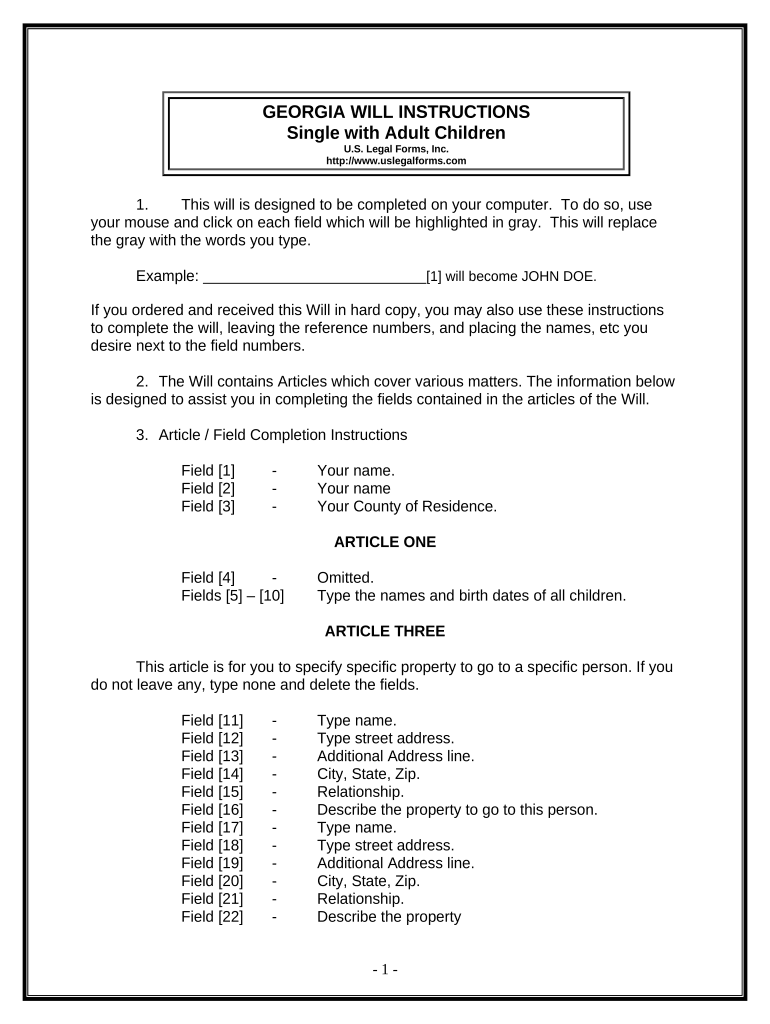 Legal Last Will and Testament Form for Single Person with Adult Children Georgia