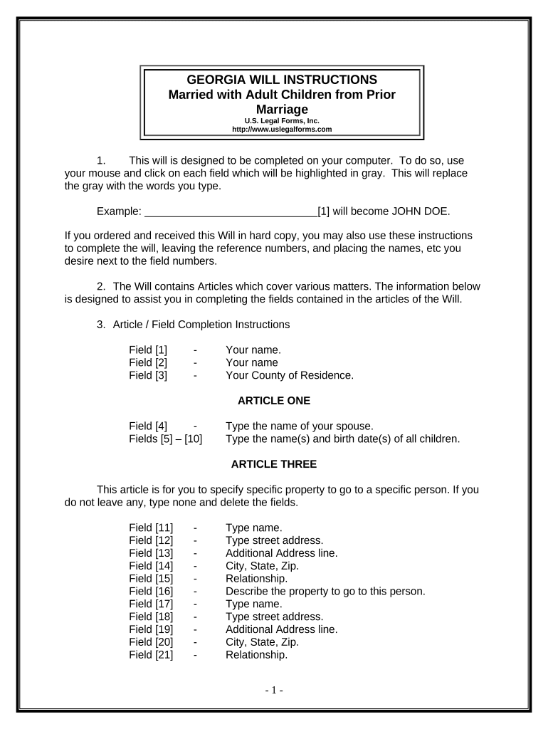 Legal Last Will and Testament Form for Married Person with Adult Children from Prior Marriage Georgia