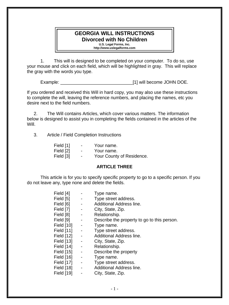 Legal Last Will and Testament Form for Divorced Person Not Remarried with No Children Georgia