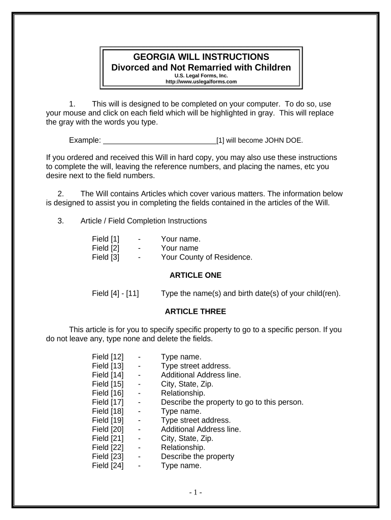 Legal Last Will and Testament Form for Divorced Person Not Remarried with Adult and Minor Children Georgia