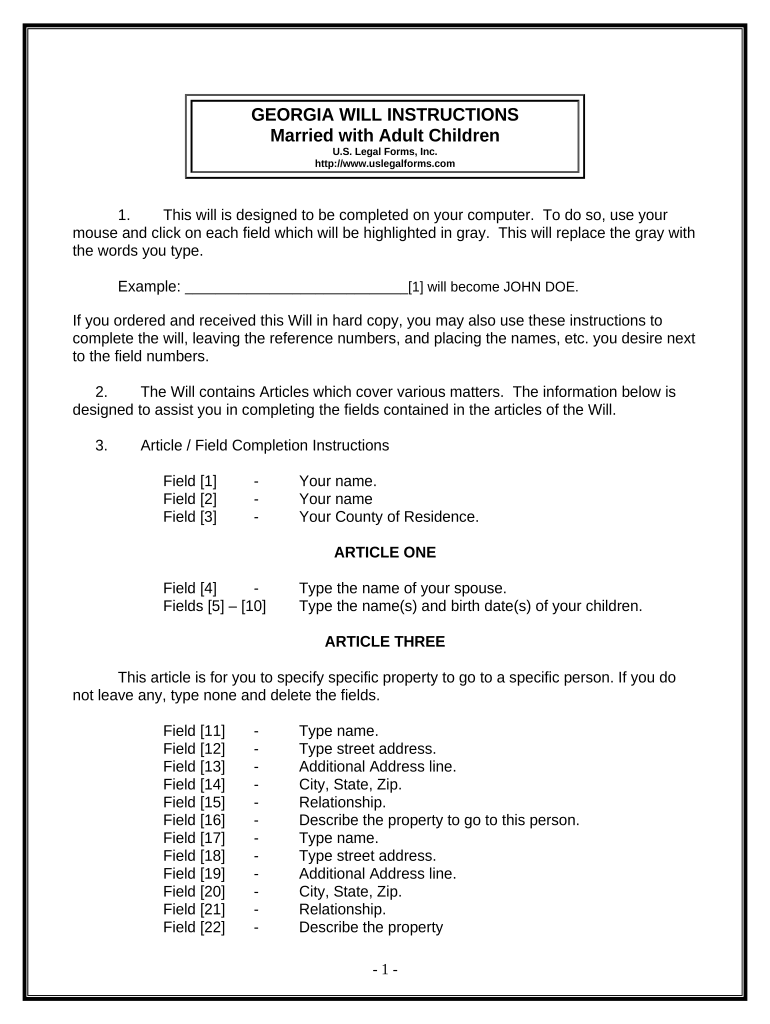 Legal Last Will and Testament Form for Married Person with Adult Children Georgia