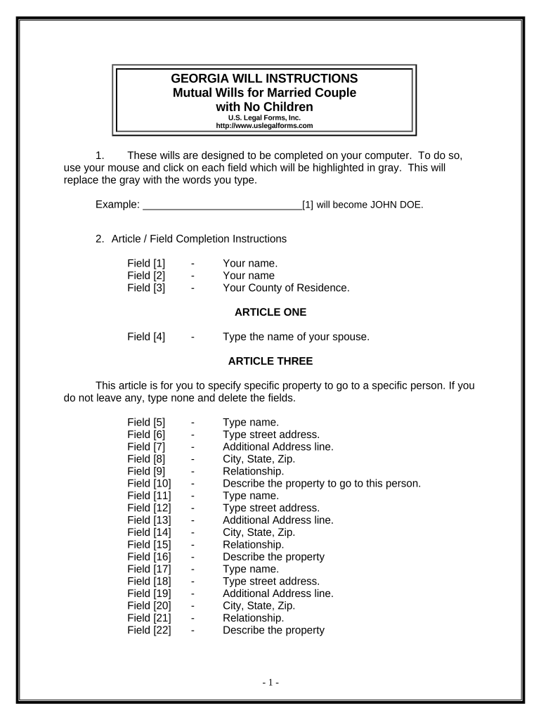 Mutual Wills Package with Last Wills and Testaments for Married Couple with No Children Georgia  Form