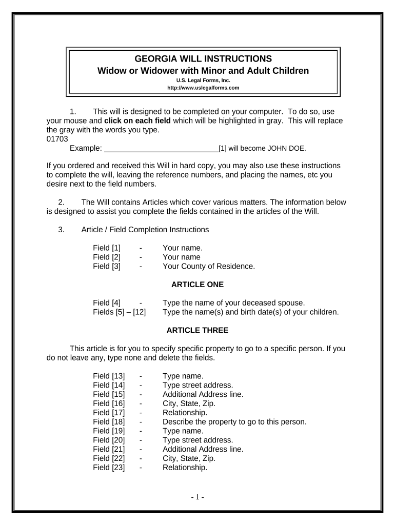 Legal Last Will and Testament Form for a Widow or Widower with Adult and Minor Children Georgia