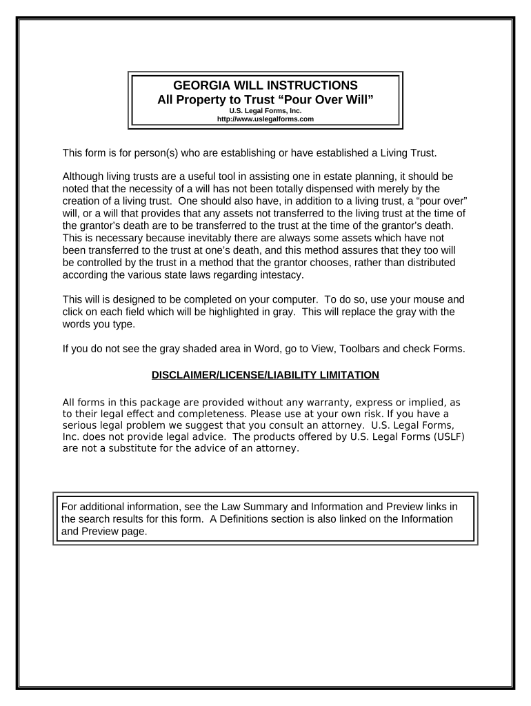 Legal Last Will and Testament Form with All Property to Trust Called a Pour over Will Georgia