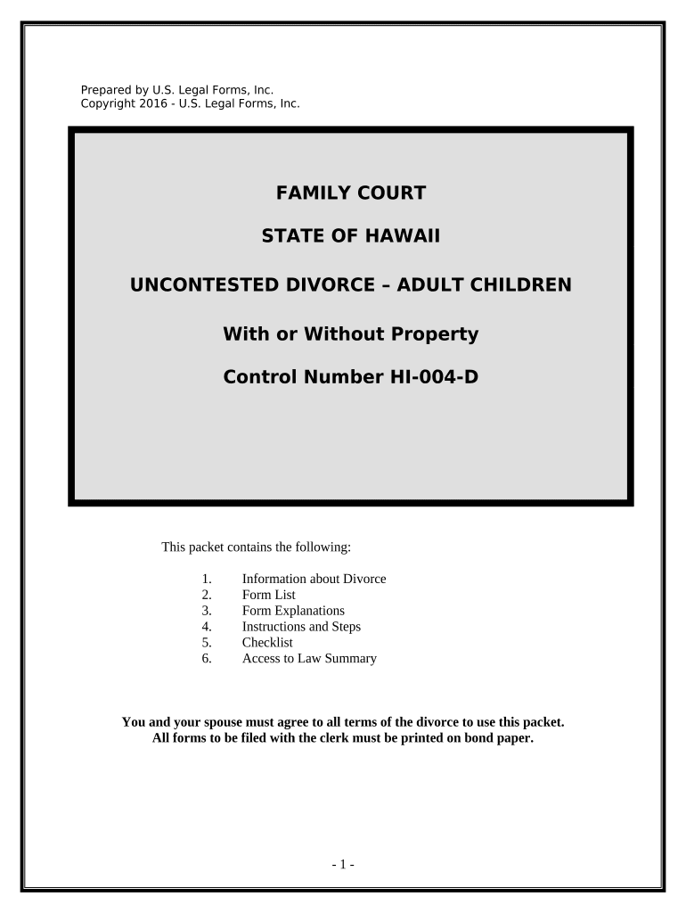 No Fault Uncontested Agreed Divorce Package for Dissolution of Marriage with Adult Children and with or Without Property and Deb  Form