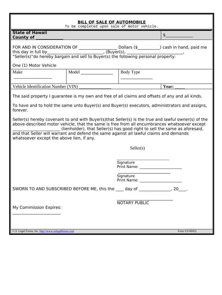 Bill of Sale of Automobile and Odometer Statement Hawaii  Form