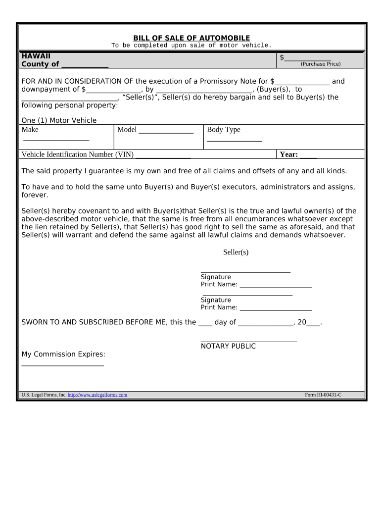 Bill of Sale for Automobile or Vehicle Including Odometer Statement and Promissory Note Hawaii  Form