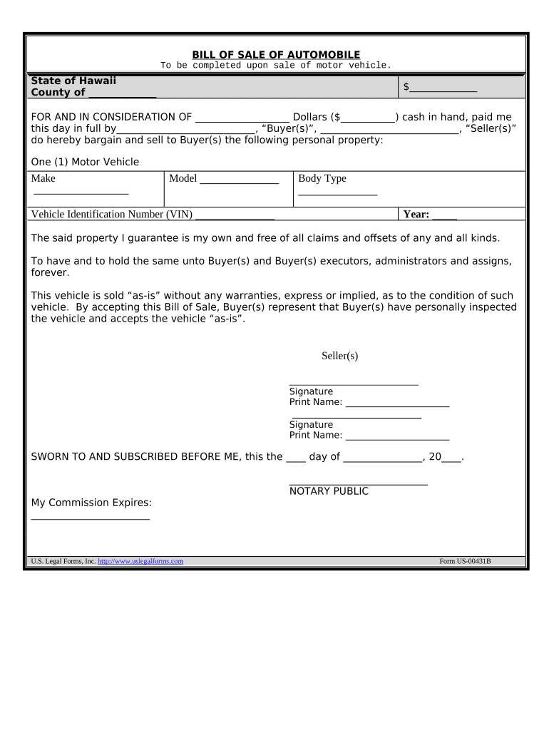Bill of Sale of Automobile and Odometer Statement for as is Sale Hawaii  Form