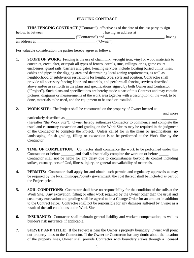 Fencing Contract for Contractor Hawaii  Form