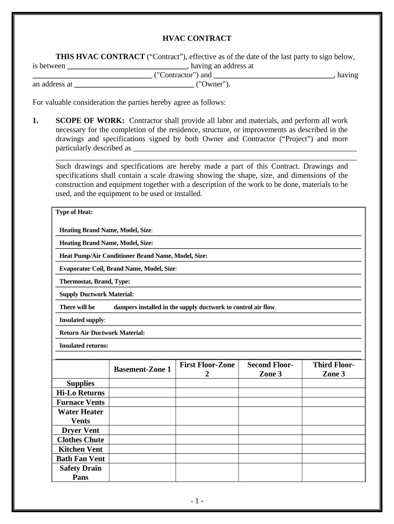 HVAC Contract for Contractor Hawaii  Form