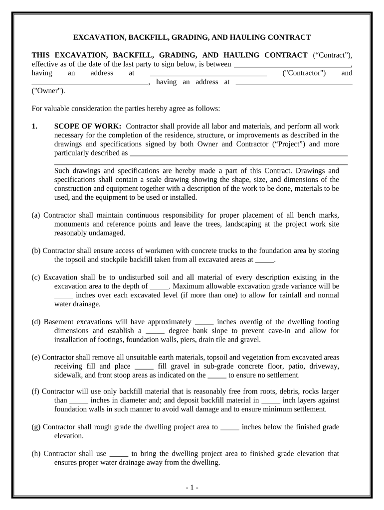 Excavator Contract for Contractor Hawaii  Form